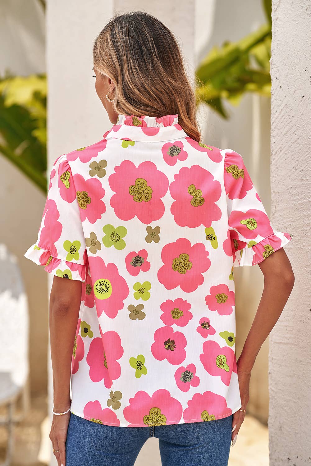 LDC Floral Ruffle Short Sleeve Striped Buttoned Blouse