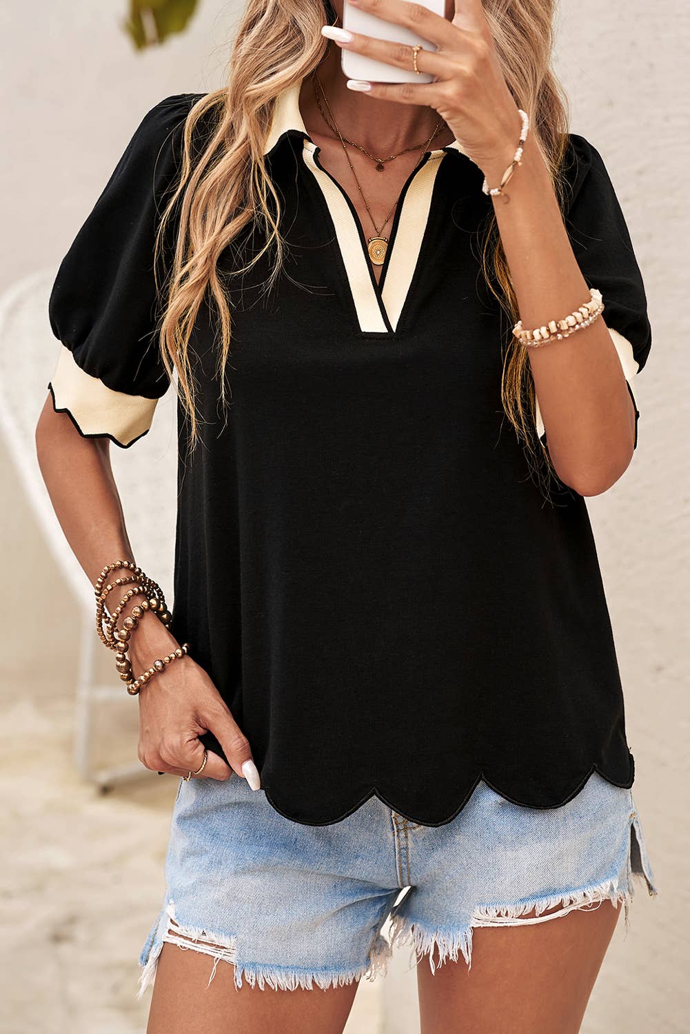 LDC Color Contrast Collared V Neck Puff Sleeve Blouse