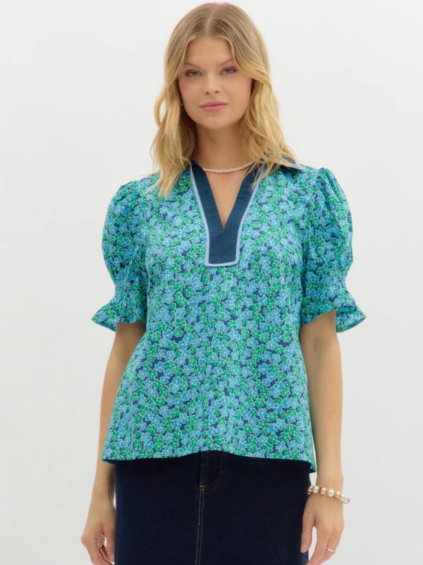 Navy + Teal Floral Puff Sleeve Top