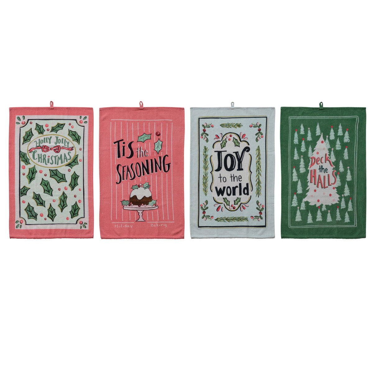 Cotton Printed Tea Towel with Holiday Image, Saying & Pom Pom Trim, 4 Styles