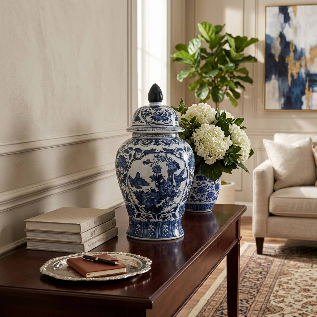 Decorative Jar - Blue Ceramic Flowers Temple Style