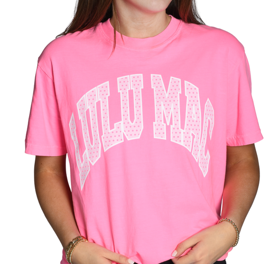 Lulu Mac Pink T-Shirt-- Polka Dot Lettering