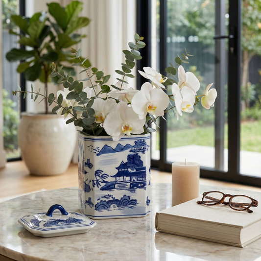 Lidded Blue Ceramic Rectangular Decorative Jar