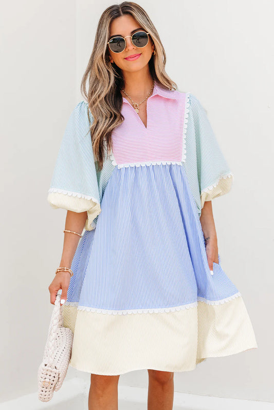 Joelle Striped Ric Rac Puff Sleeve Collared Mini Dress