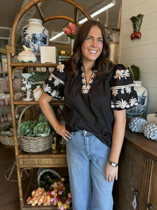 Entro Embroidered Puff Sleeve Blouse