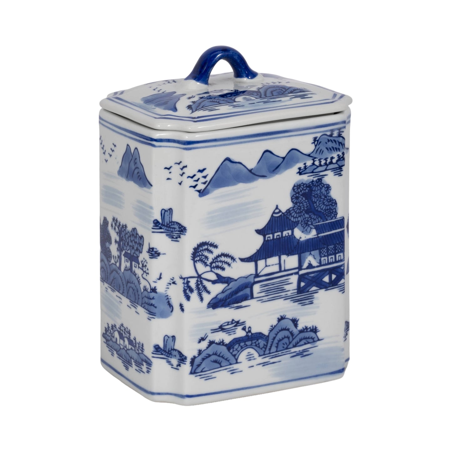 Lidded Blue Ceramic Rectangular Decorative Jar