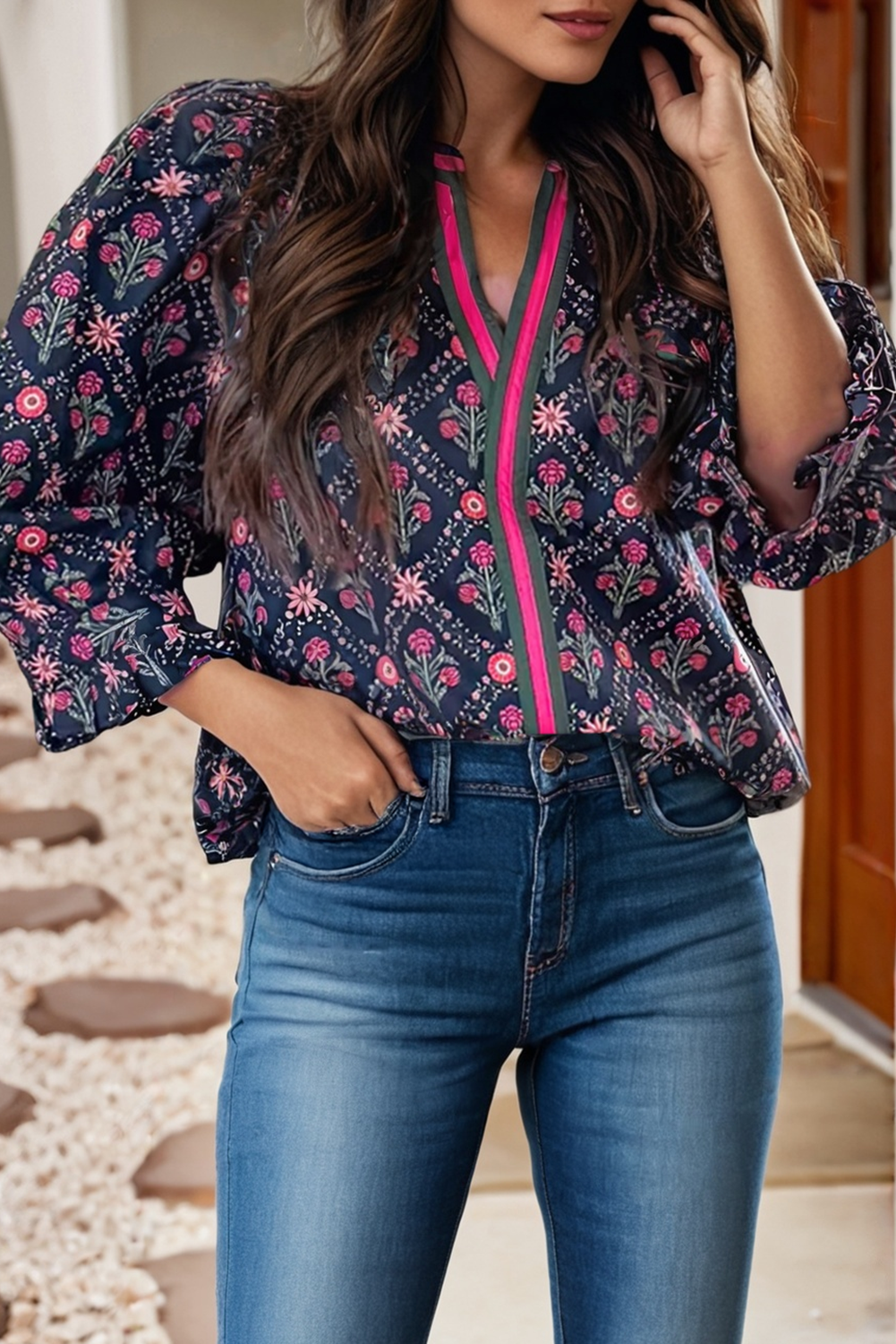LDC V Neckline Bracelet Sleeve Vintage Floral Blouse