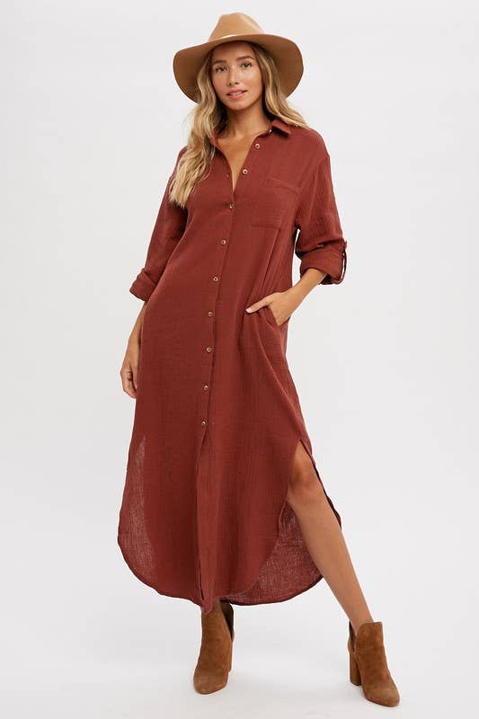 Button Up Maxi Shirt Dress With Pocket