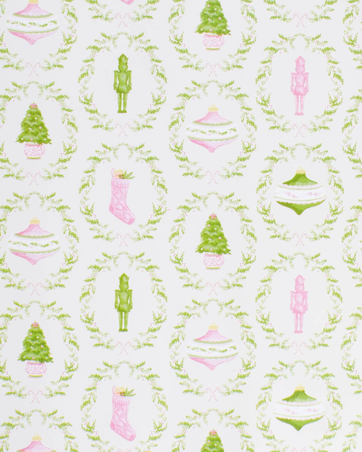 Nutcracker Trellis Paper Gift Wrap   White/Green/Pink   30x120