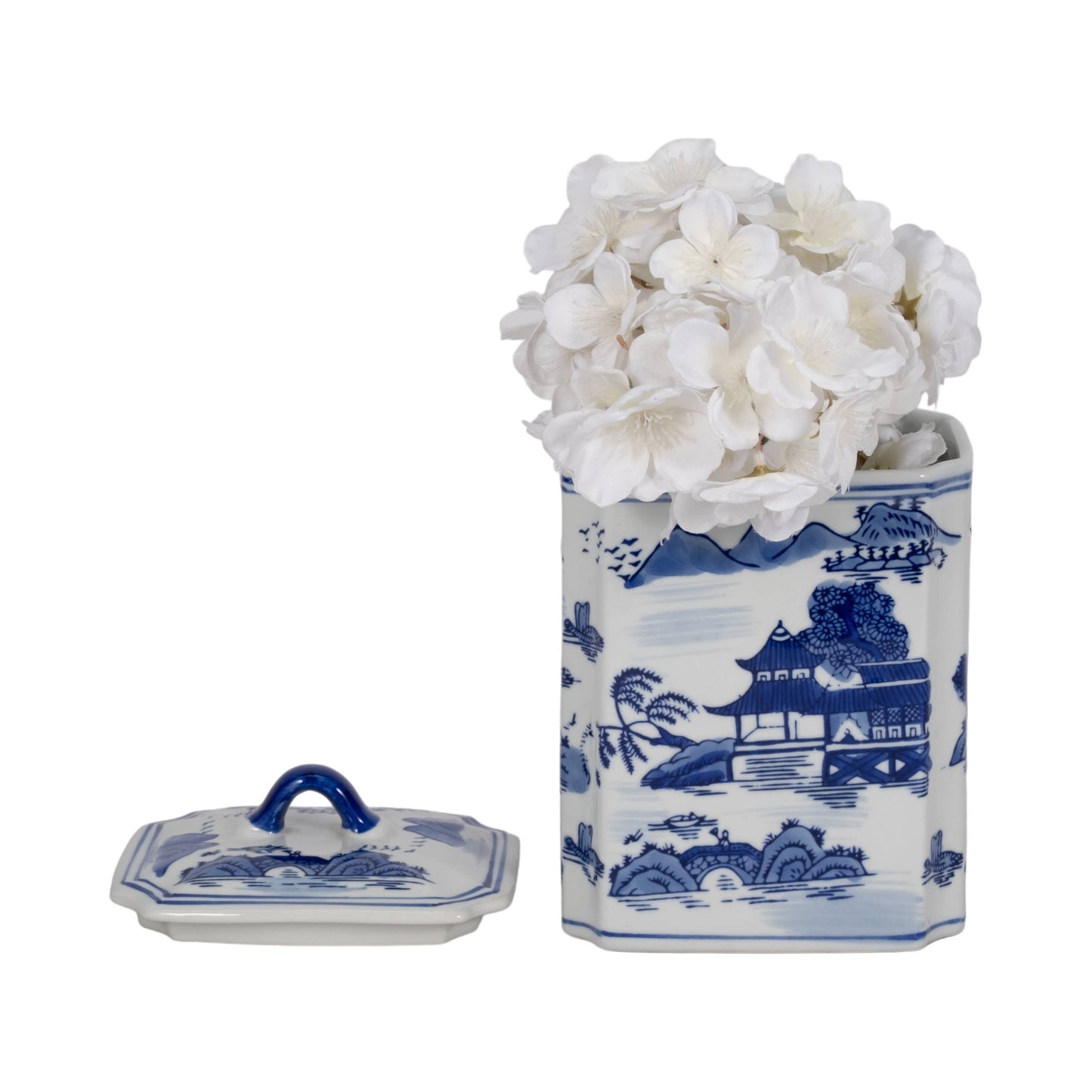 Lidded Blue Ceramic Rectangular Decorative Jar