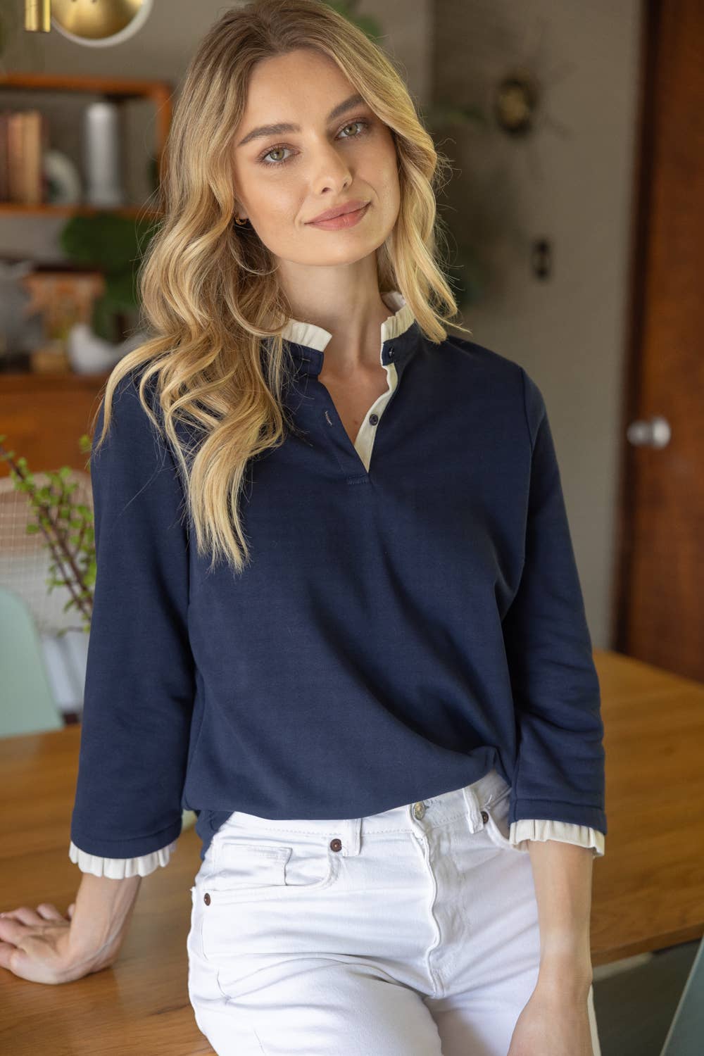 Navy 3/4 Sleeve Knot Top