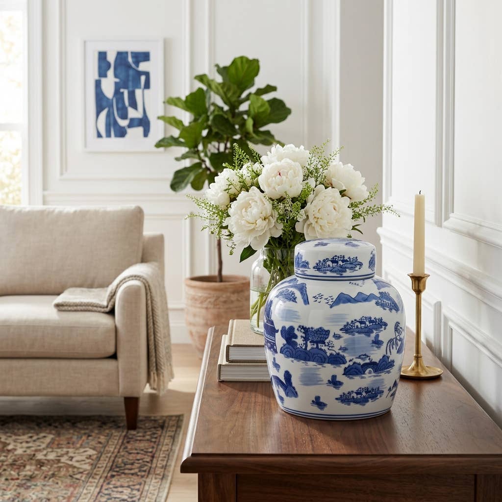Decorative Jar - Blue Ceramic Round Lidded, 10 in.