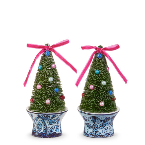 Bottle Brush Trees in Chionoiserie Pot Ornament