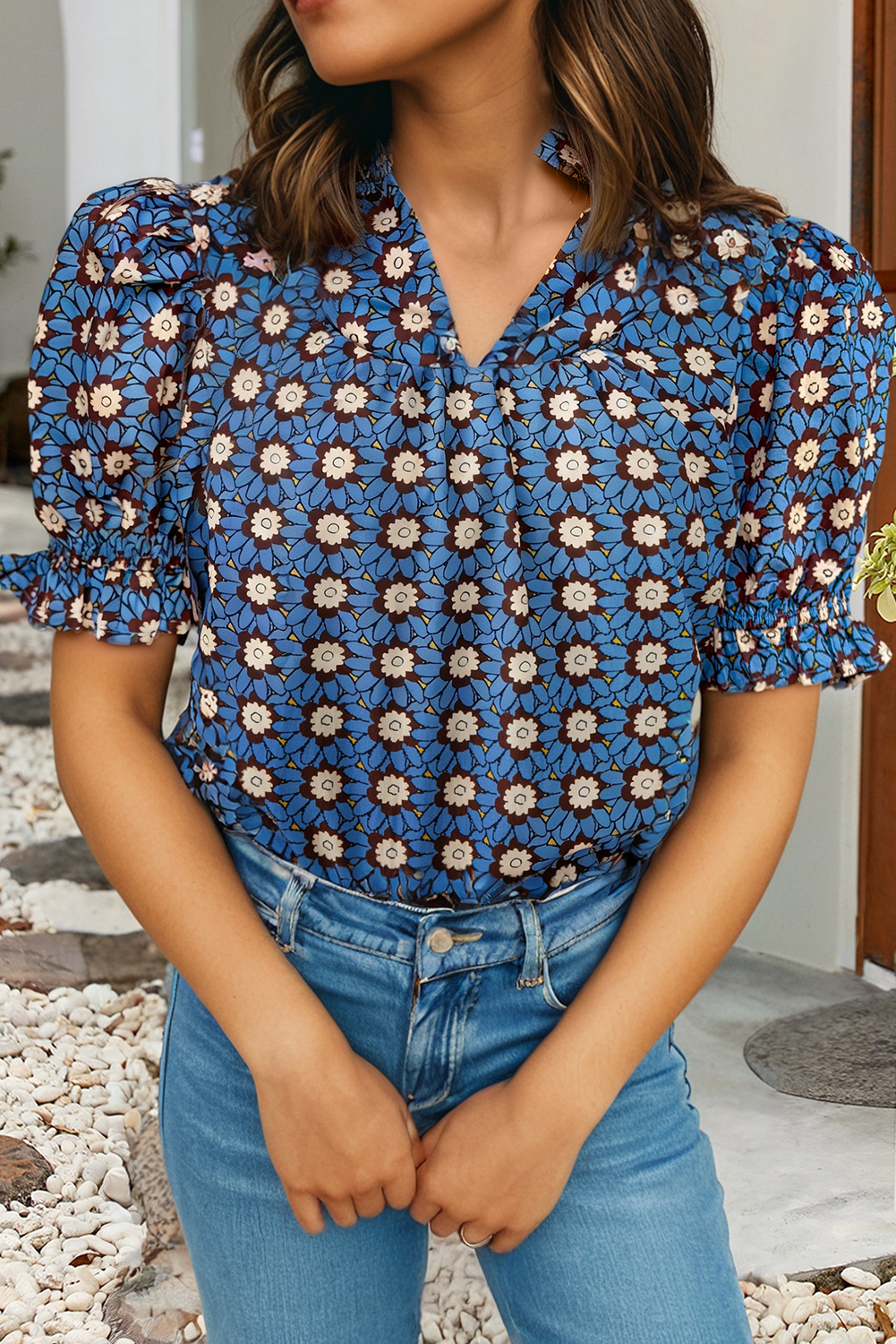 LDC Retro Floral V Neck Pleated Short Puff Sleeve Blouse