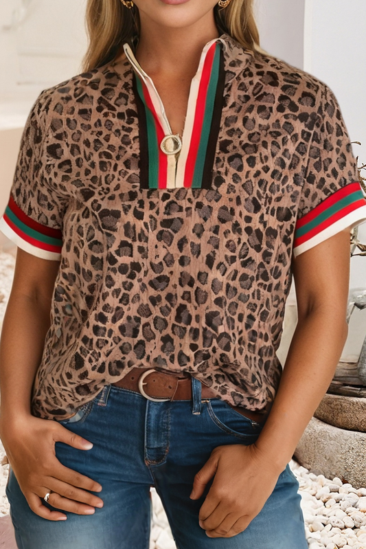 LDC Jacquard Striped Patchwork Half Zip Short Sleeve Blouse