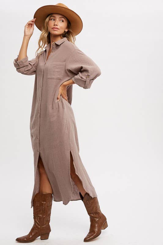 Button Up Maxi Shirt Dress With Pocket