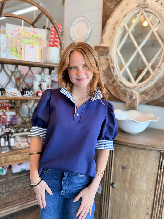Navy Blouse with White Striped Collar and Sleeves