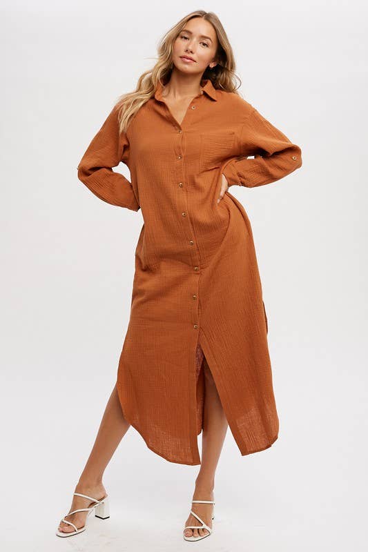 Button Up Maxi Shirt Dress With Pocket