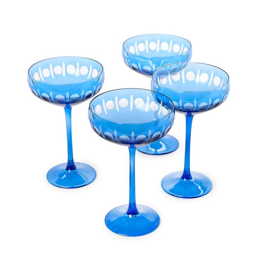 Sparkling Cut Blue Hand Engraved Coupe Wine Glasses
