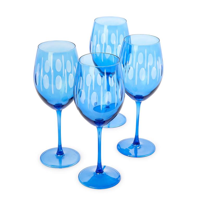 Sparkling Cut Blue Hand Engraved Stemmed Wine Glasses