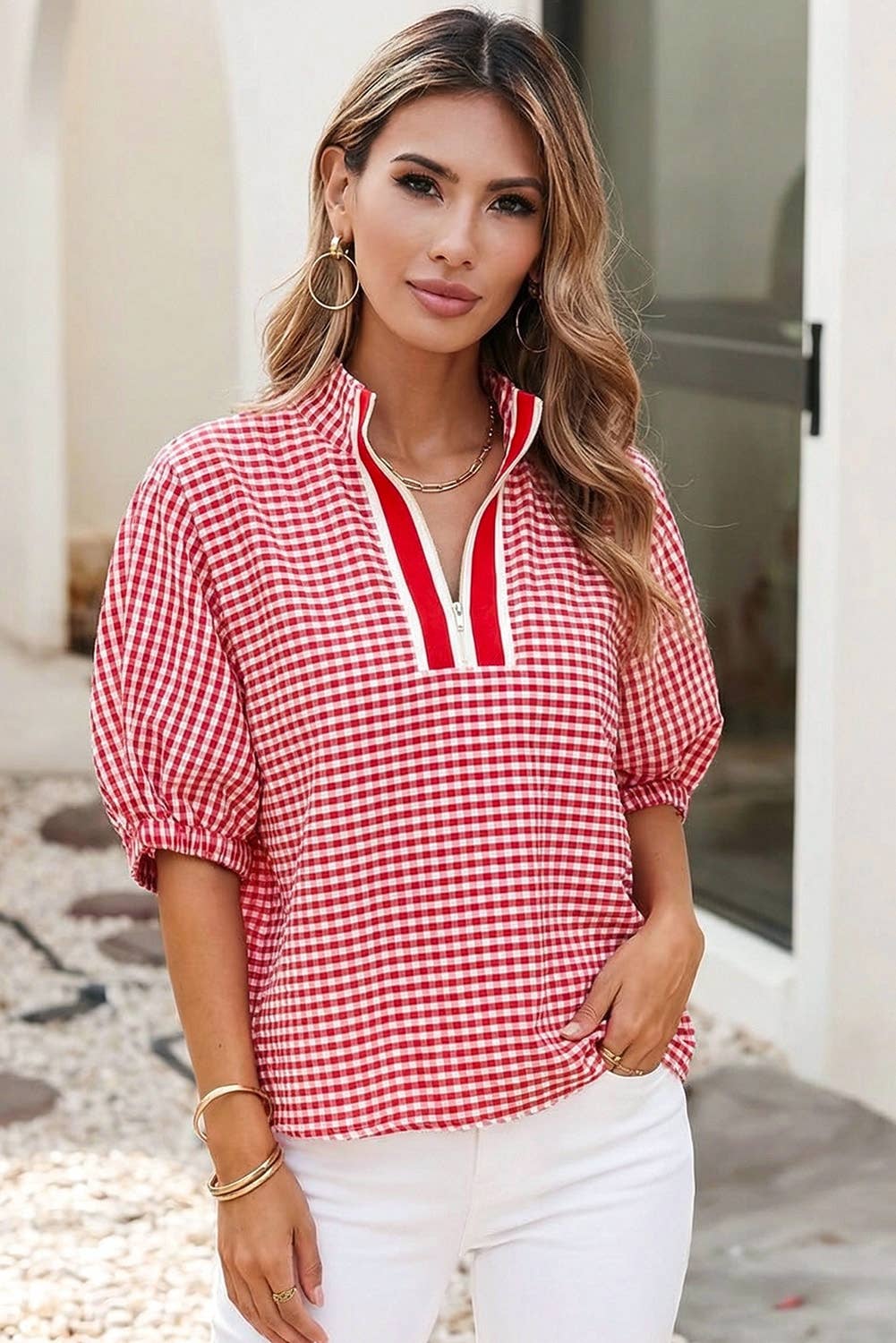 LDC Plaid Short Sleeve Colorblock Trim Split Neck Blouse