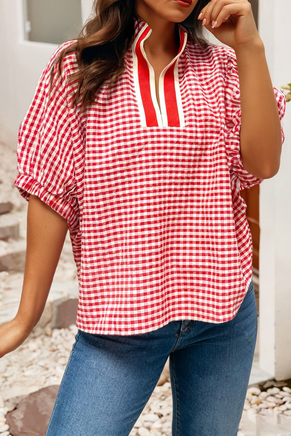 LDC Plaid Short Sleeve Colorblock Trim Split Neck Blouse