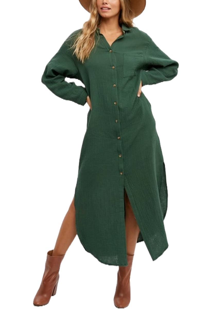 Button Up Maxi Shirt Dress With Pocket