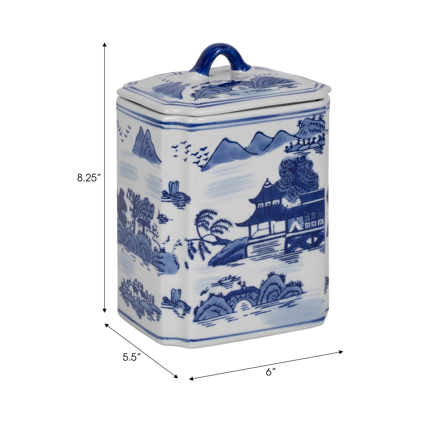Lidded Blue Ceramic Rectangular Decorative Jar