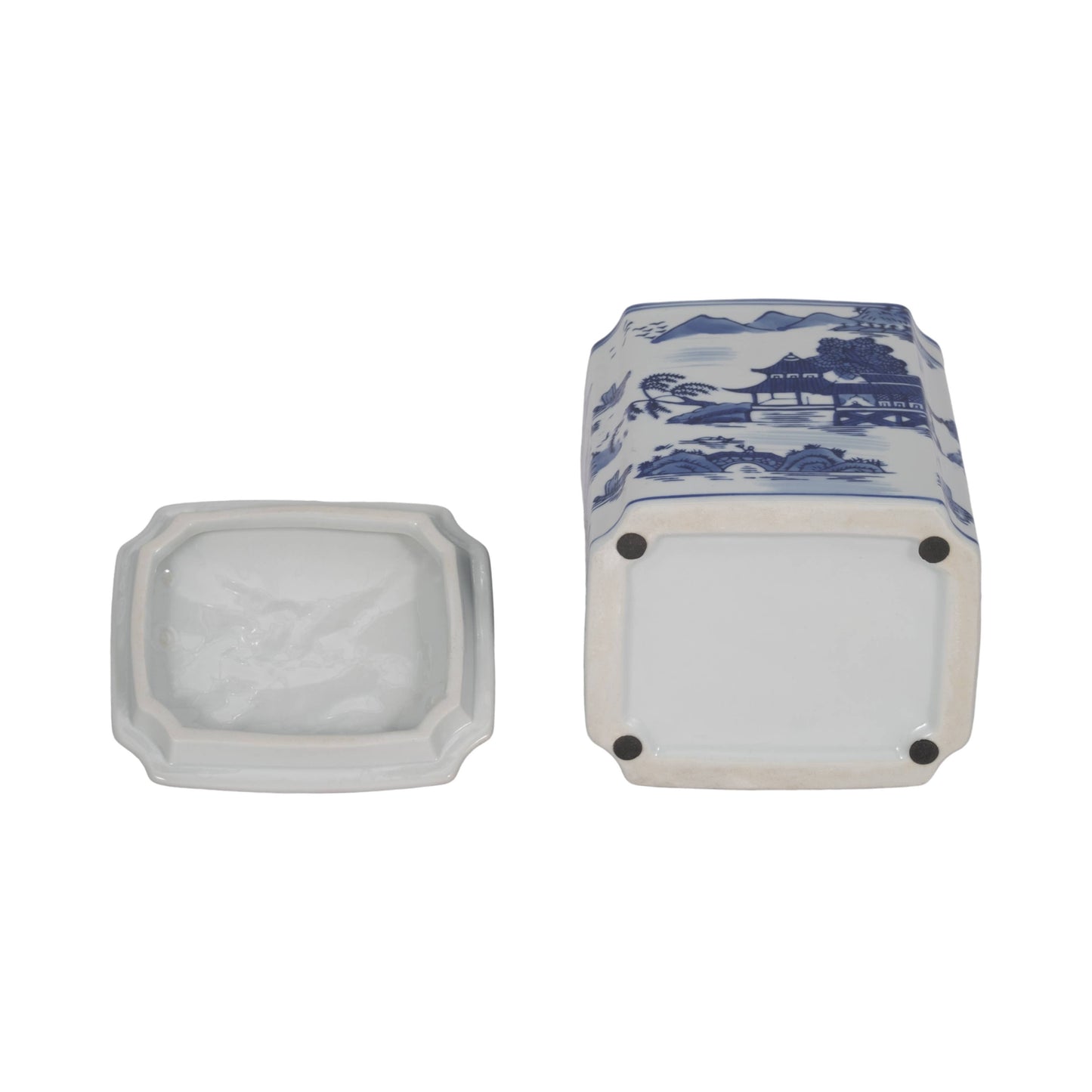 Lidded Blue Ceramic Rectangular Decorative Jar
