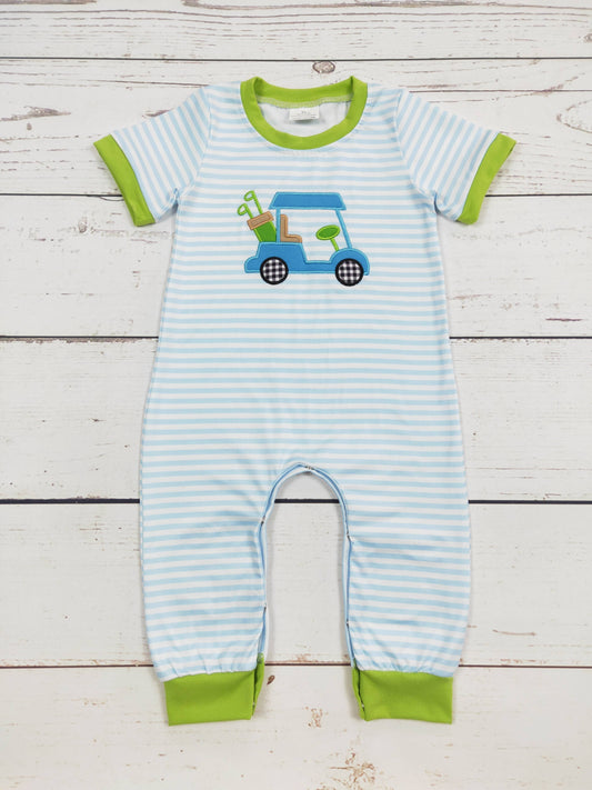 Baby Boy Golf Cart Appliqué Stripe Romper