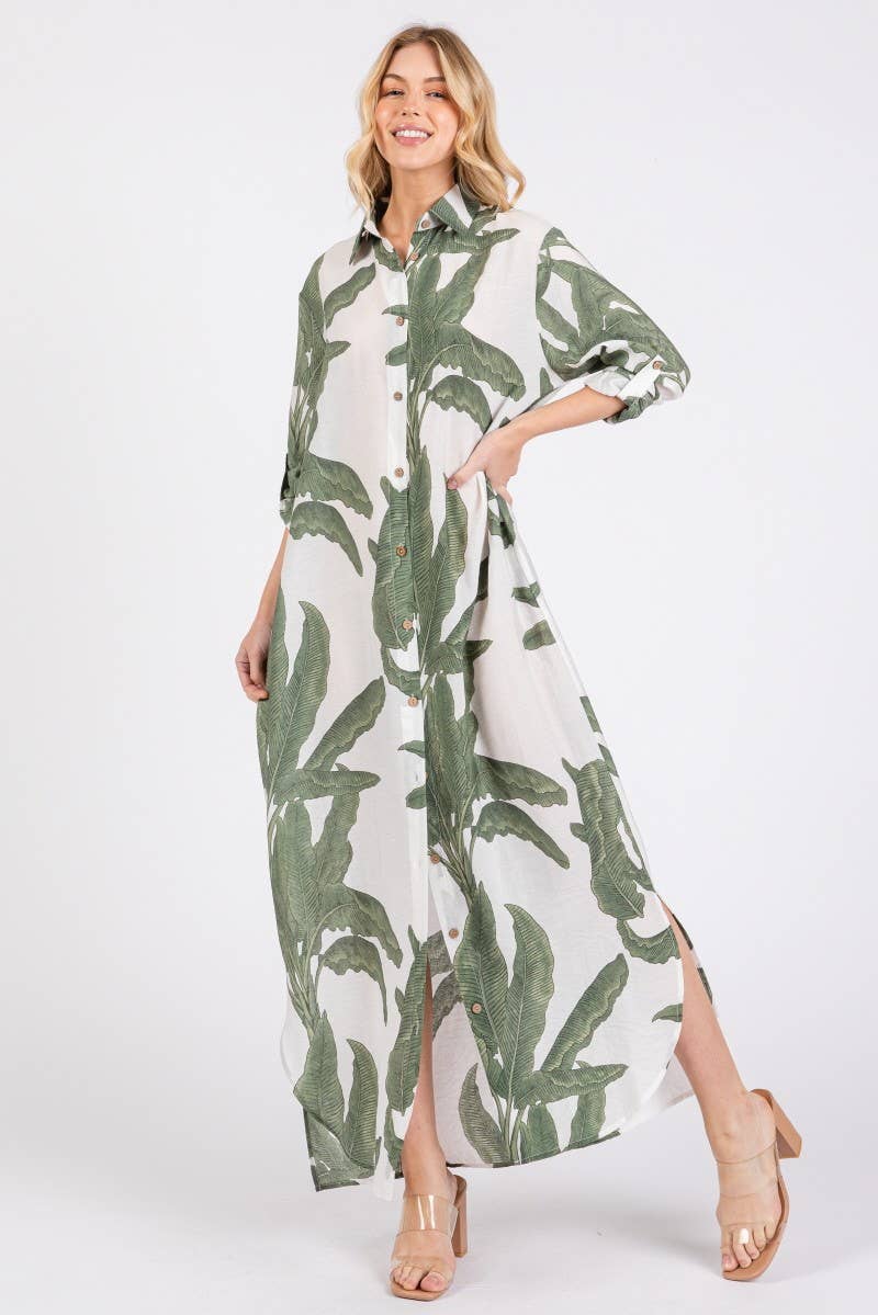 Palm Print Button-down Maxi Dress