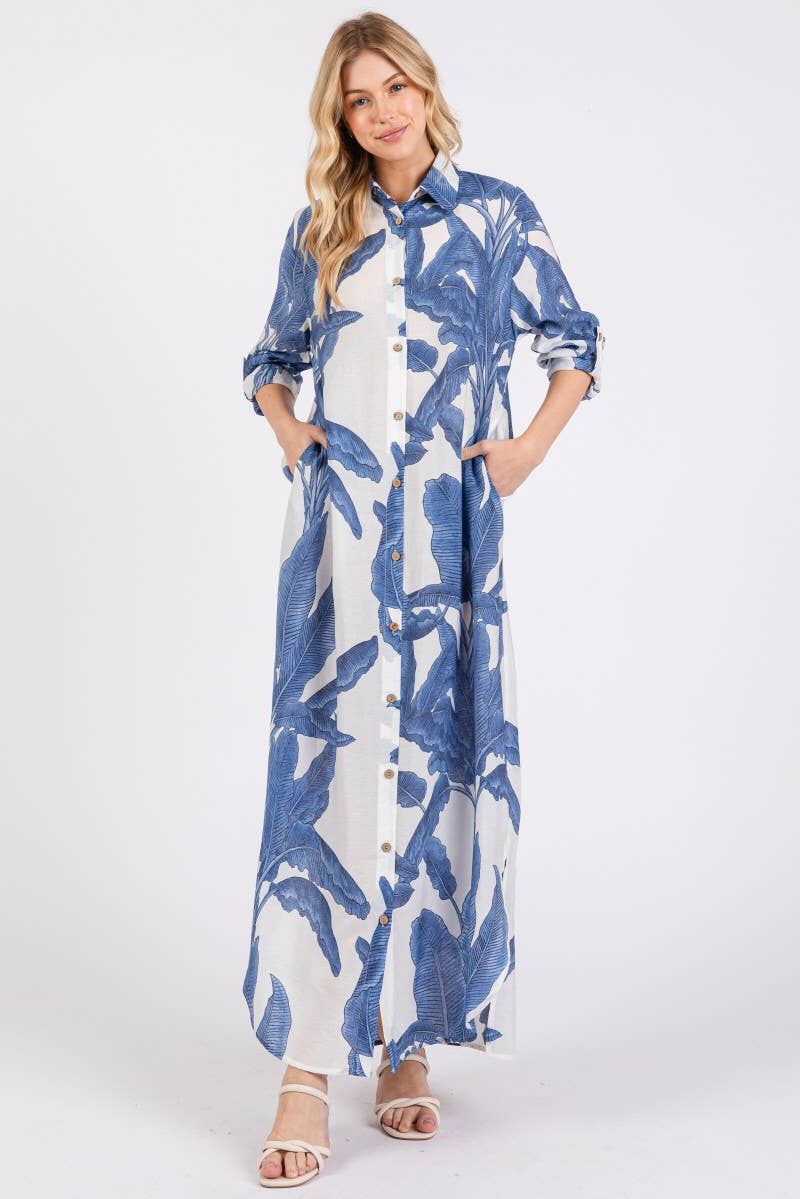 Palm Print Button-down Maxi Dress