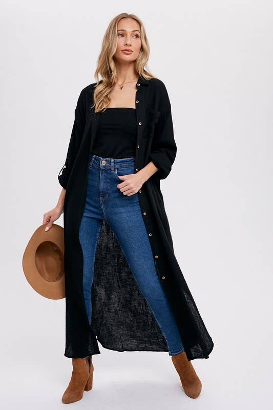 Button Up Maxi Shirt Dress With Pocket