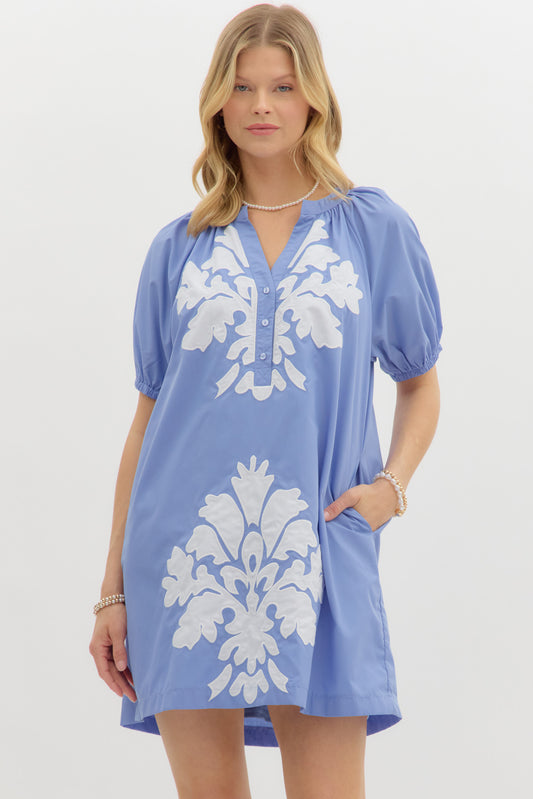 Blue Dress with White Embroyderd Design