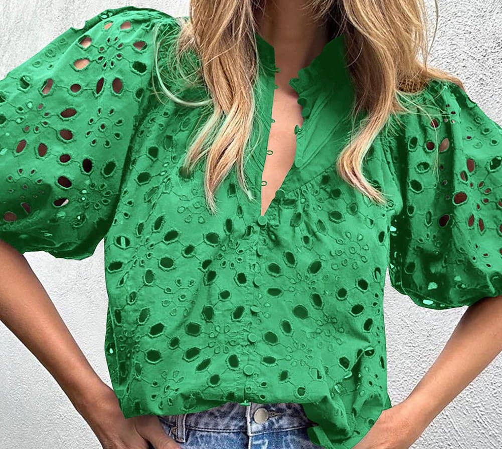 Embroidered Hollow-out Puff Sleeve Blouse