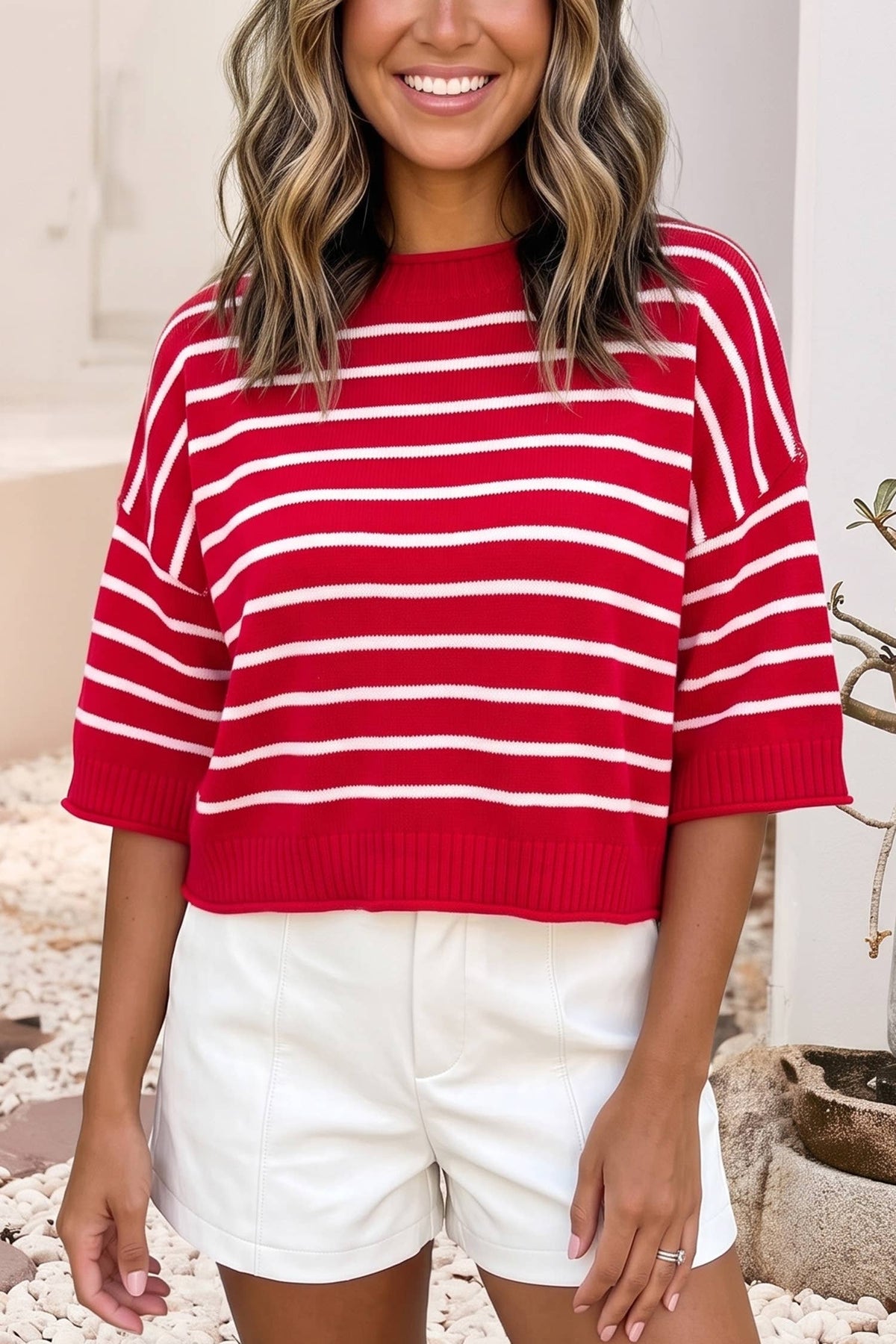 LDC Stripe Dropped Shoulder Half Sleeve Relaxed Knit Sweater