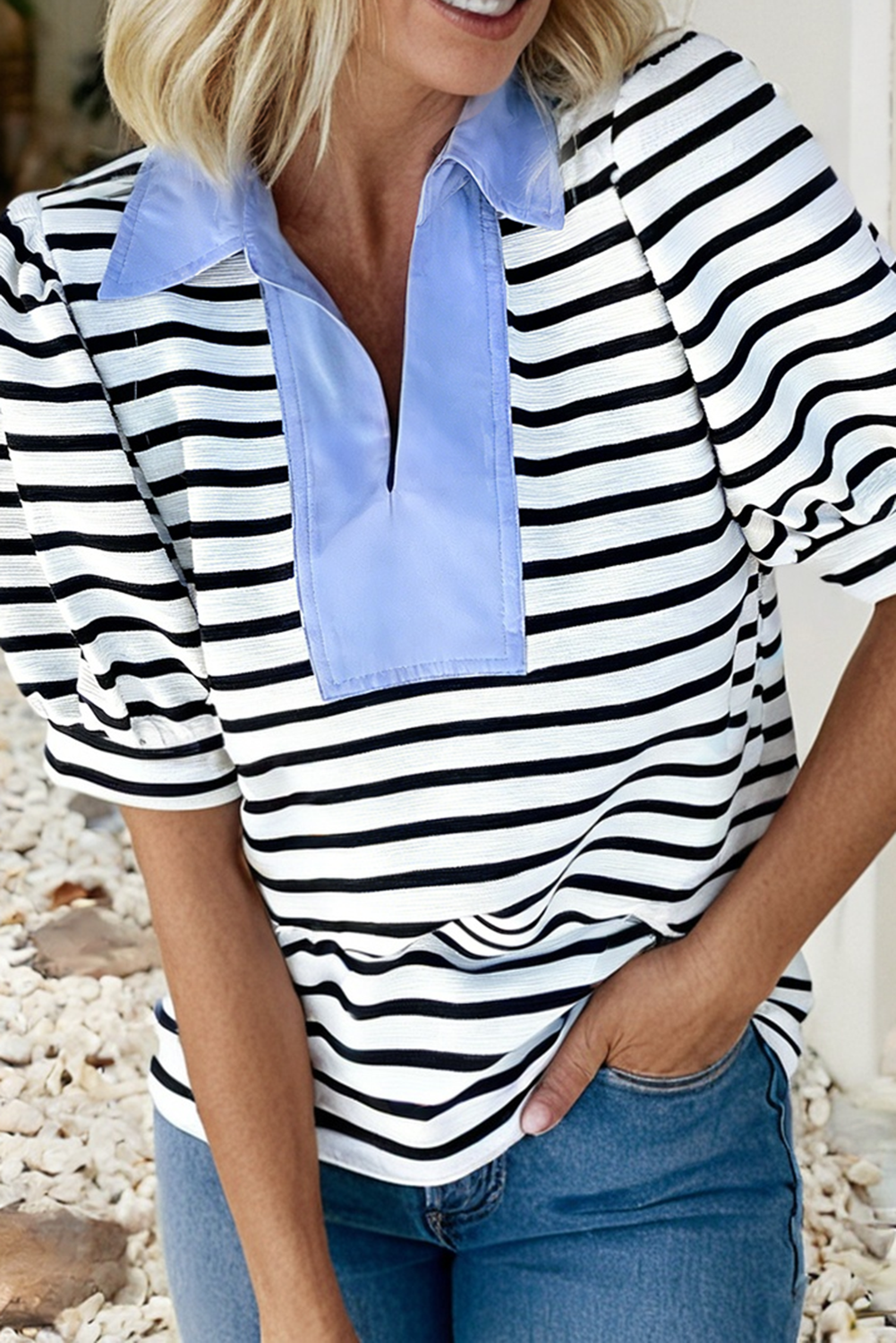 LDC Casual Striped V Neck Short Sleeve Top