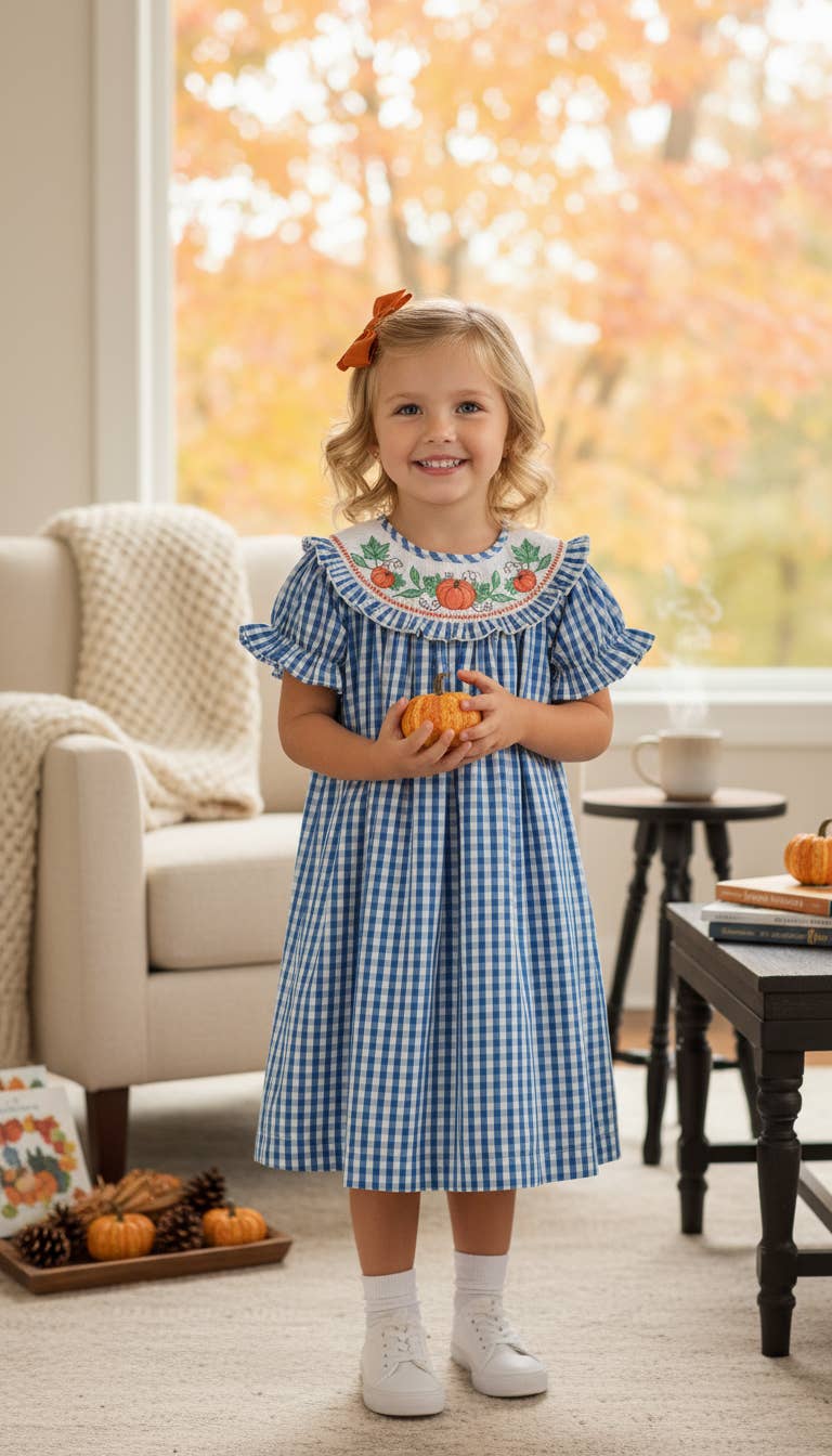 Blue Gingham Pumpkin Smocked Ruffle Bishop Dress