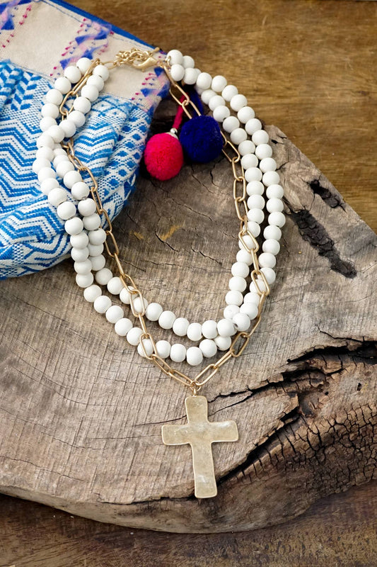 Multi Strand Wood Beaded Cross Necklace Cream
