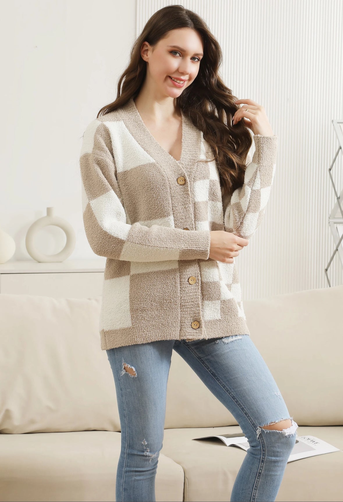 Checkered Pattern Luxury Soft Cardigan W/ Button Closure