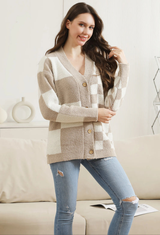 Checkered Pattern Luxury Soft Cardigan W/ Button Closure