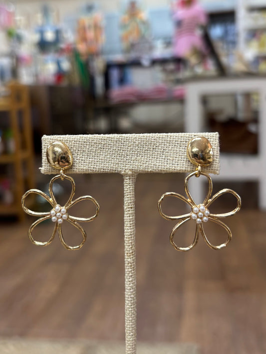 Pearl Center Gold Flower Earrings