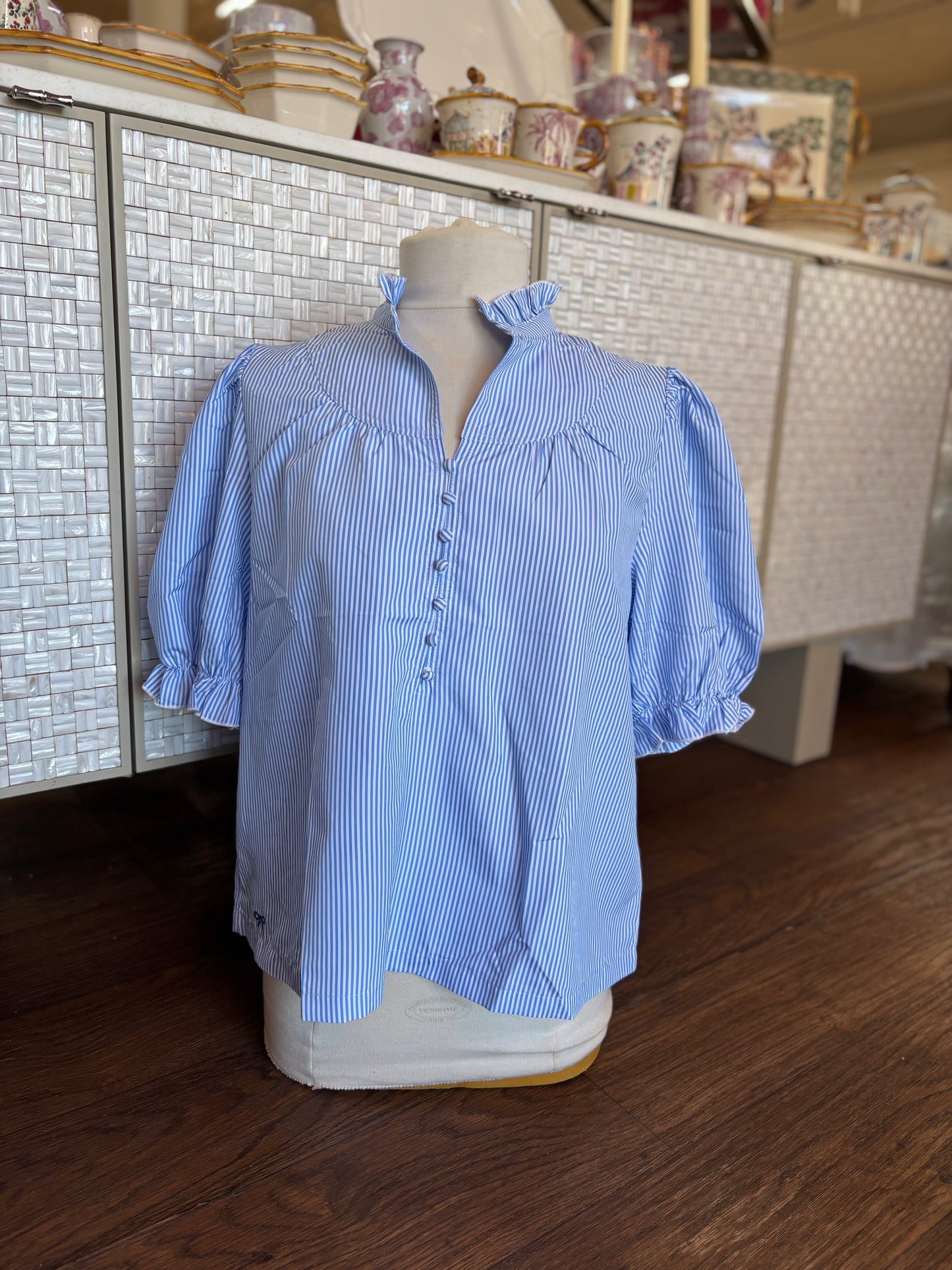 Simply Southern Blue and White Half Button Top