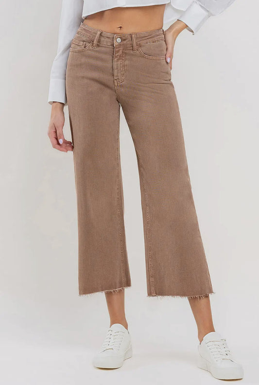 Olivia - High Rise Crop Wide Leg Jeans in Chocolate