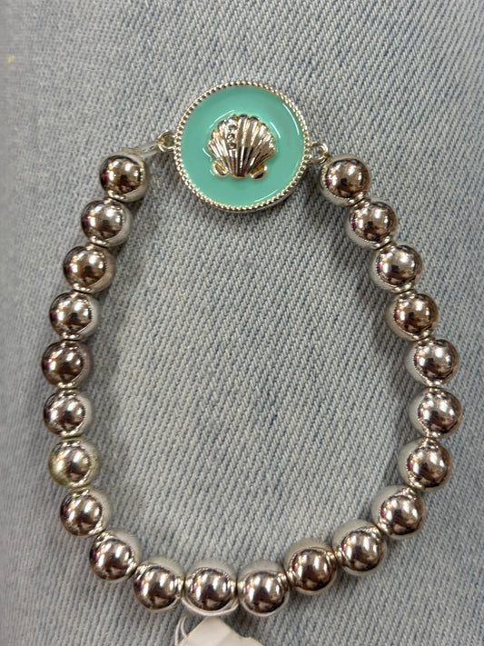 Silver Beaded Teal Sea Shell Bracelet