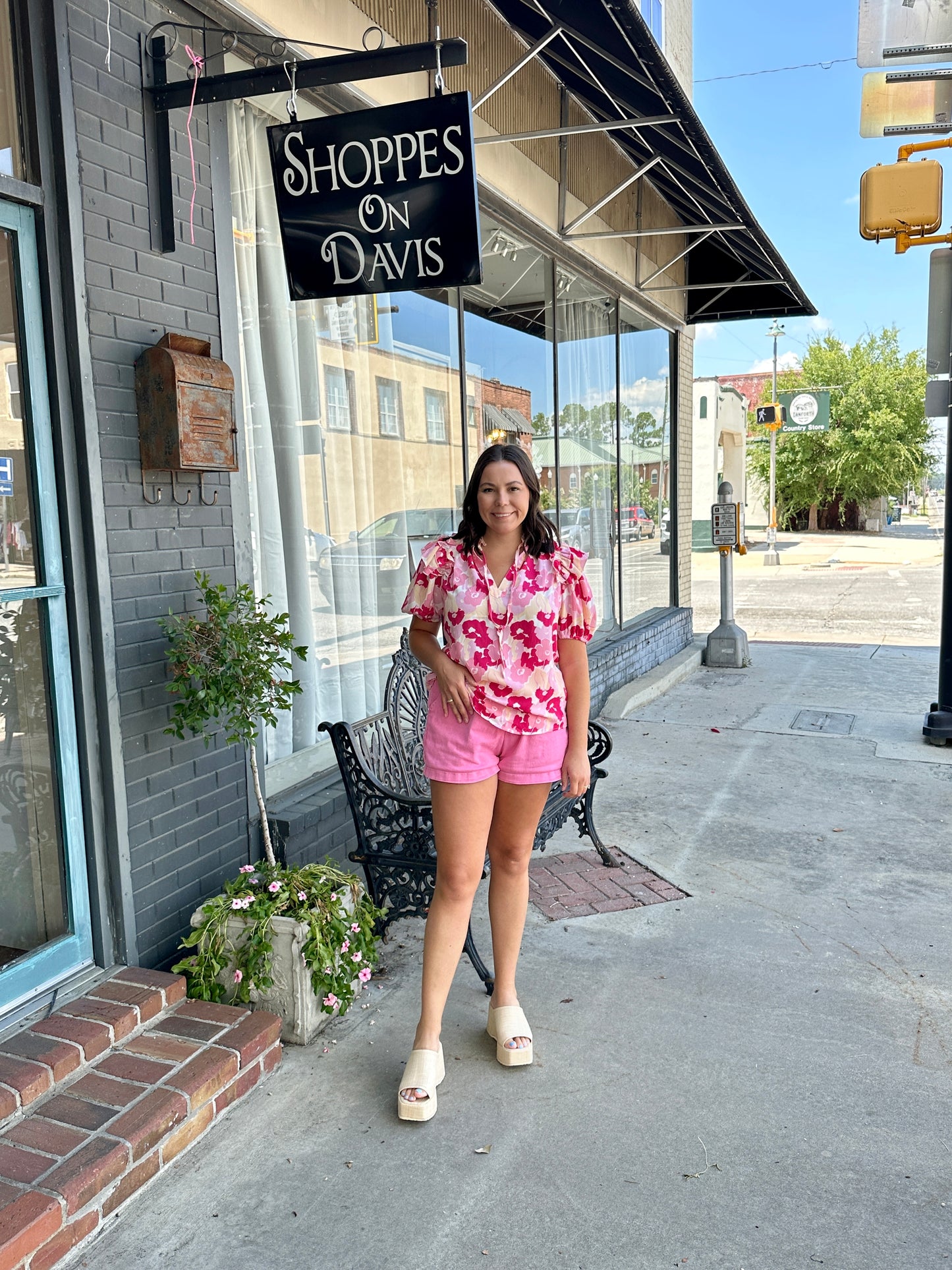 Split Neck Ruffled Puff Sleeves Floral Blouse