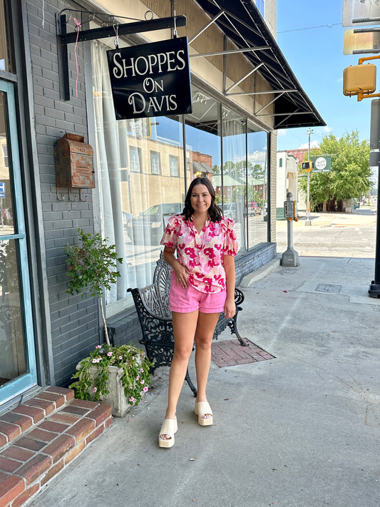 Split Neck Ruffled Puff Sleeves Floral Blouse