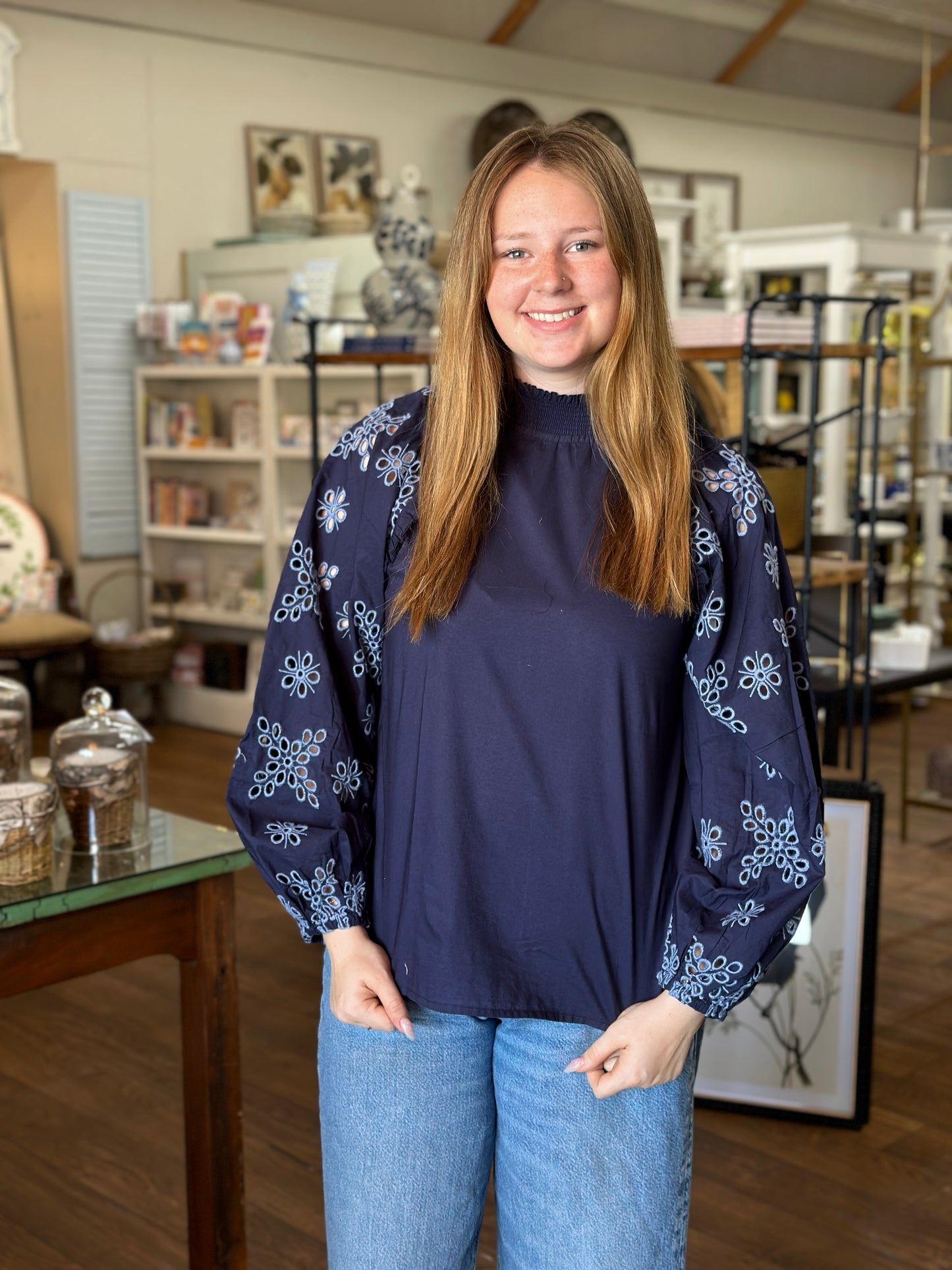 Navy Eyelet Blouse