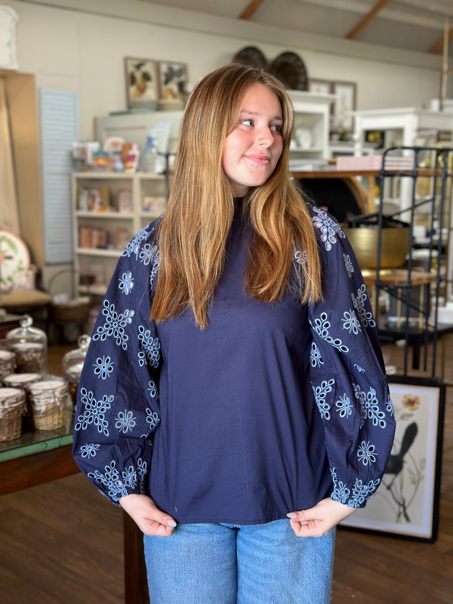 Navy Eyelet Blouse