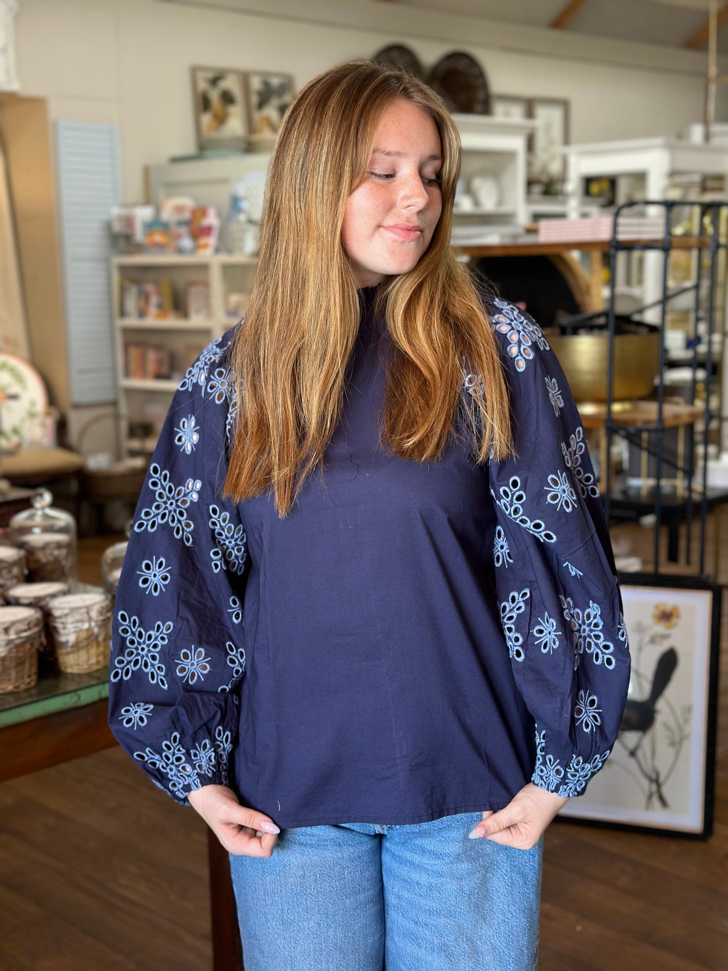 Navy Eyelet Blouse